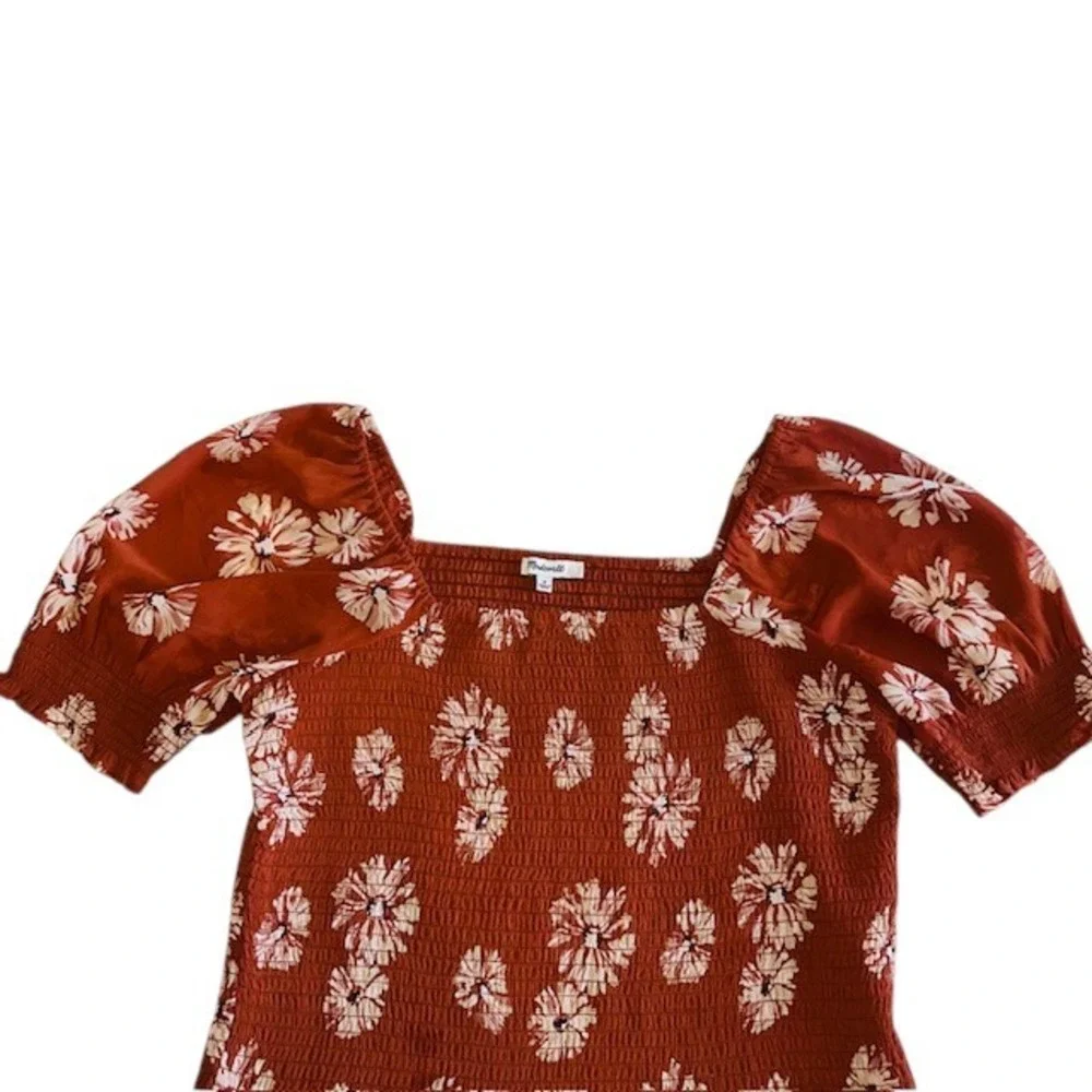 Madewell Georgette Lucie Floral Smocked Top Square Neck Puff Sleeve‎ Rust Size M - Picture 15 of 16